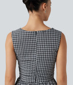 Gingham Boat Neck Sleeveless Invisible Zipper Ruched Mini Casual A-Line Dress with Pockets — Monochrome Check — view 5