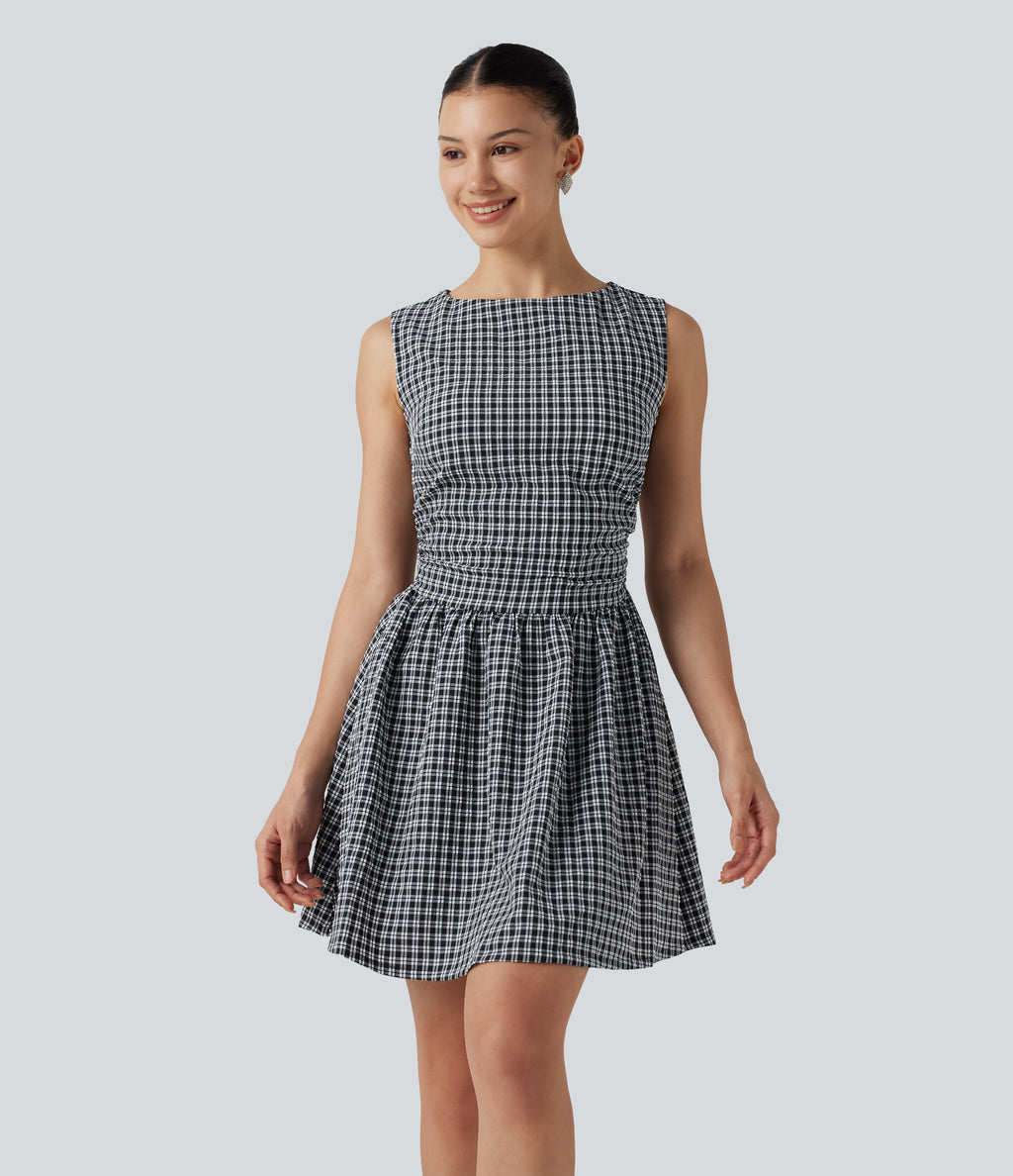 Gingham Boat Neck Sleeveless Invisible Zipper Ruched Mini Casual A-Line Dress with Pockets — Monochrome Check — view 3