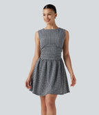 Gingham Boat Neck Sleeveless Invisible Zipper Ruched Mini Casual A-Line Dress with Pockets — Monochrome Check — view 3