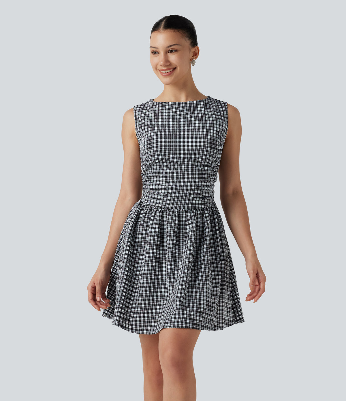 Gingham Boat Neck Sleeveless Invisible Zipper Ruched Mini Casual A-Line Dress with Pockets — Monochrome Check — view 3