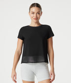 Airy Round Neck Mesh Overlay InstantCool Running Sports Top — Black — view 2