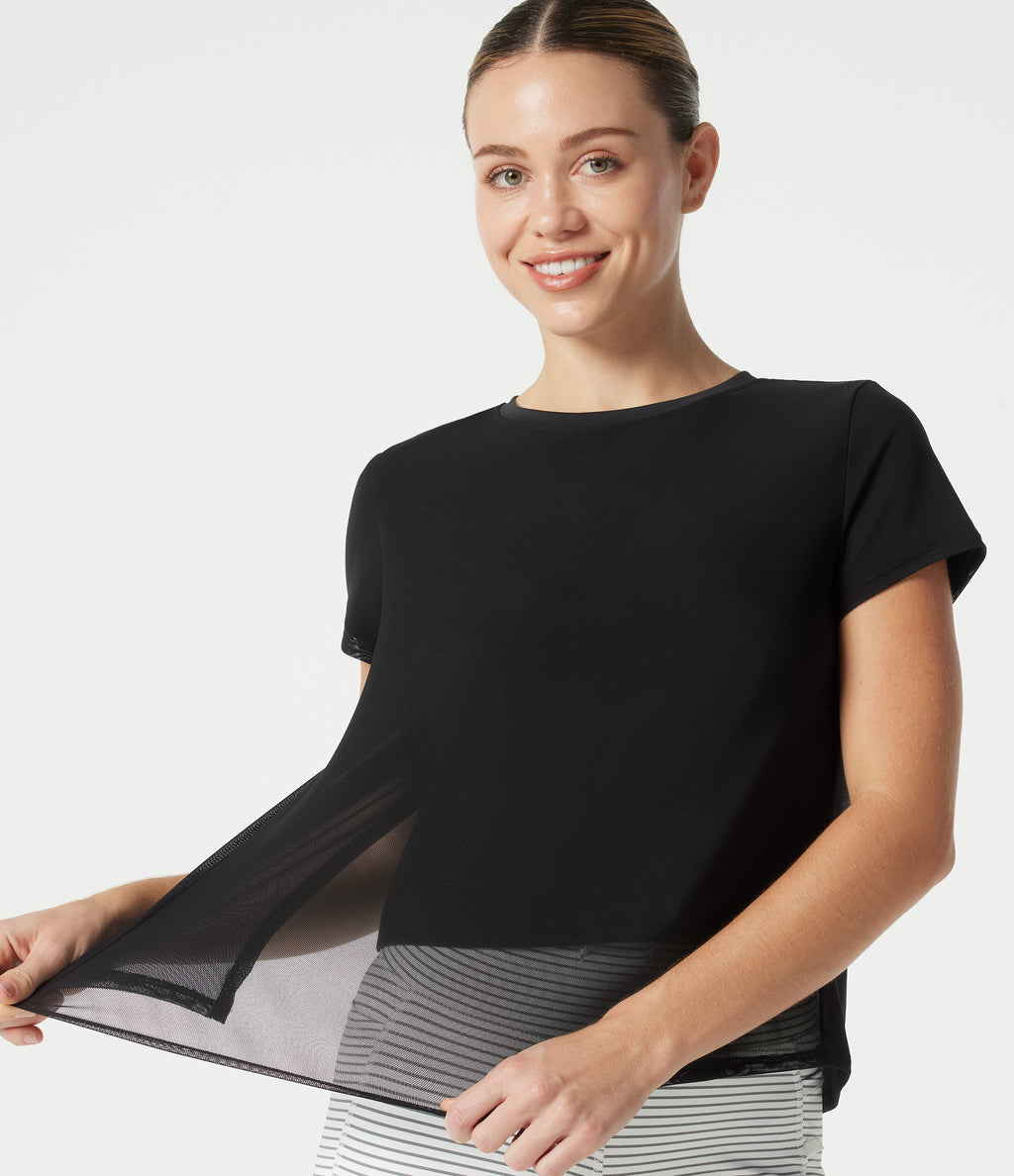 Airy Round Neck Mesh Overlay InstantCool Running Sports Top — Black — view 6
