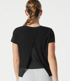 Airy Round Neck Mesh Overlay InstantCool Running Sports Top — Black — view 1