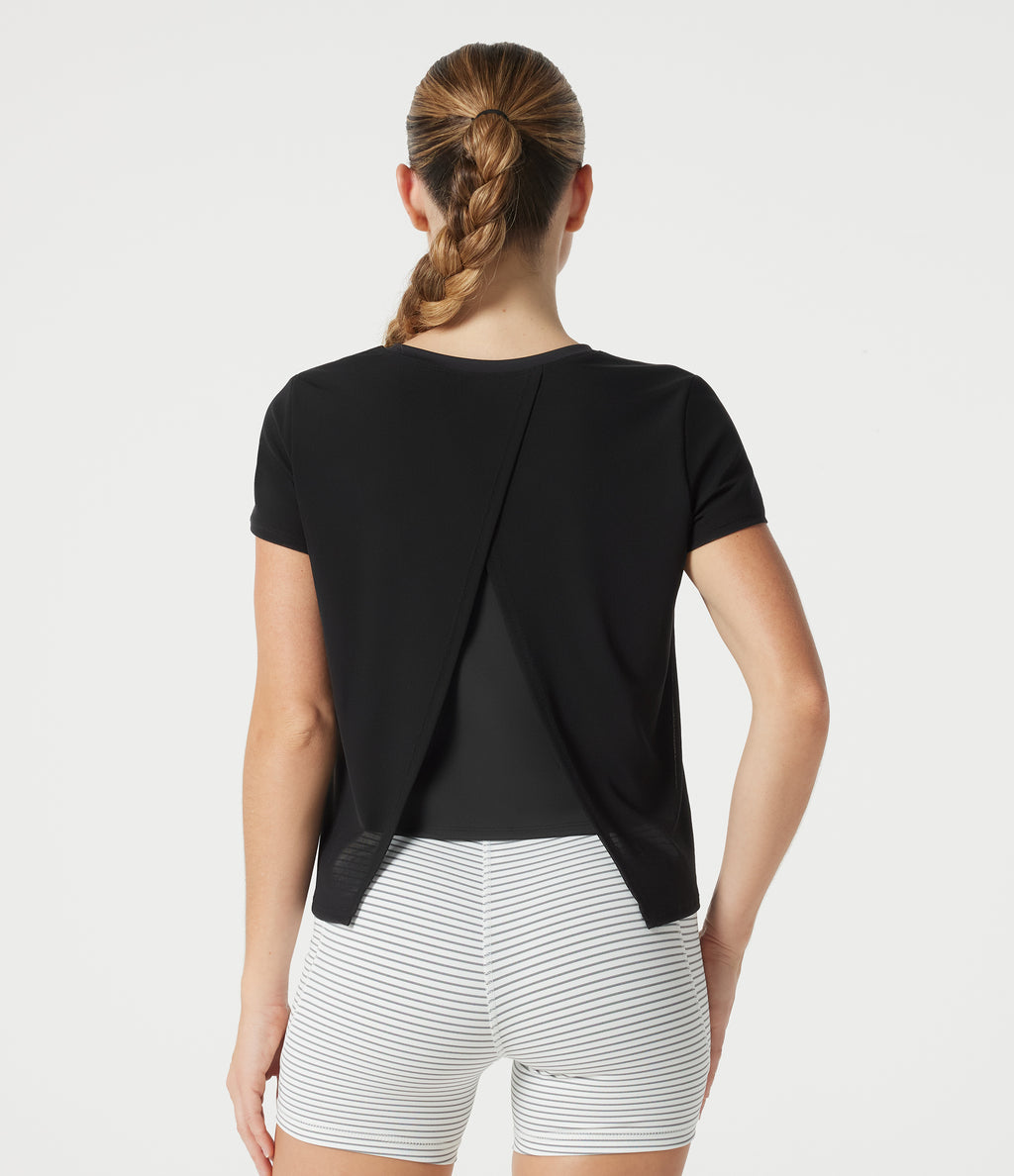 Airy Round Neck Mesh Overlay InstantCool Running Sports Top — Black — view 4