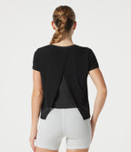 Airy Round Neck Mesh Overlay InstantCool Running Sports Top — Black — view 4
