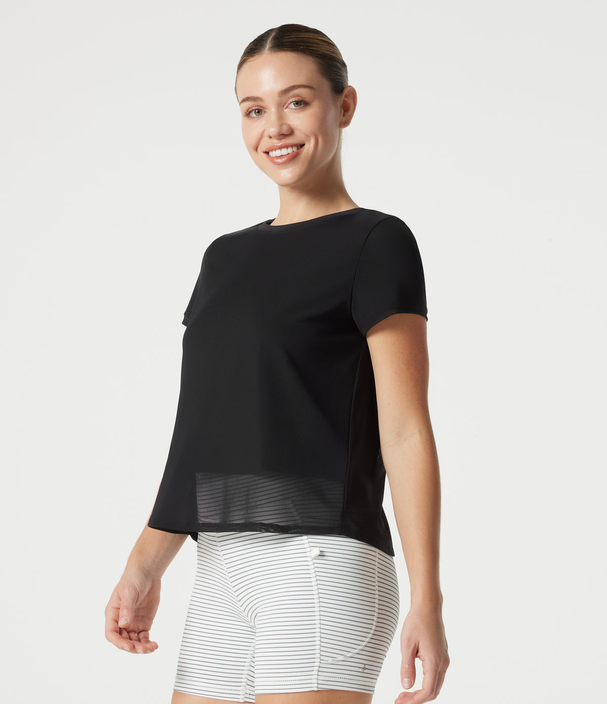 Airy Round Neck Mesh Overlay InstantCool Running Sports Top — Black — view 3