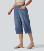 Low Rise Capri Casual Barrel Leg Jeans with Pockets — Estate Blue Denim — view 1
