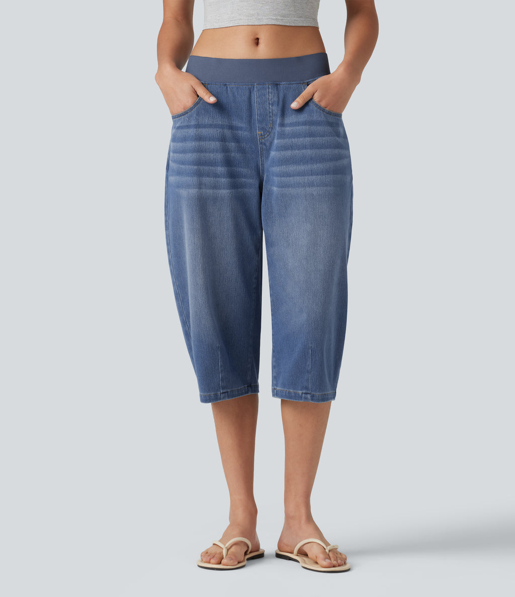 Low Rise Capri Casual Barrel Leg Jeans with Pockets — Estate Blue Denim — view 3