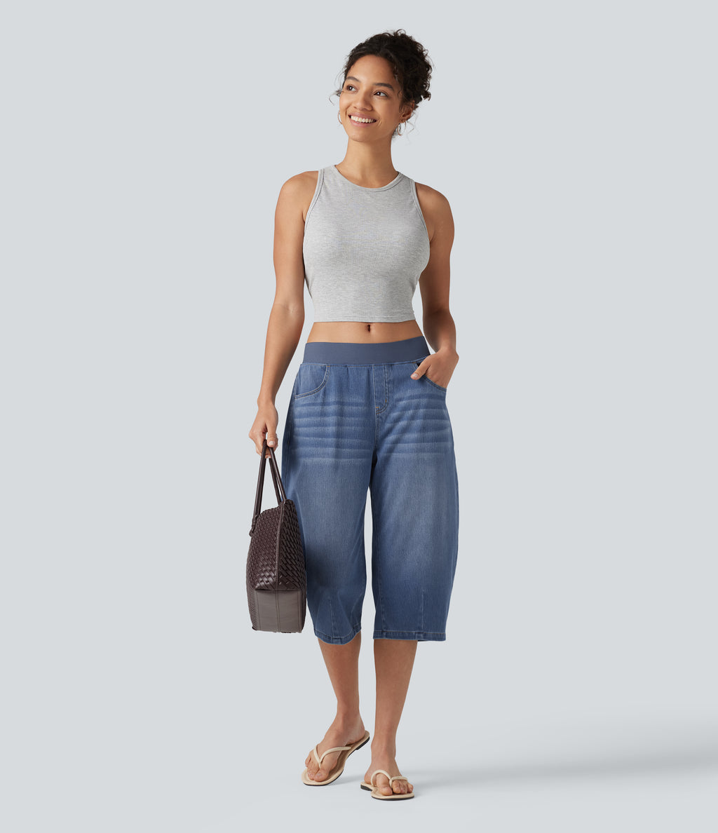 Low Rise Capri Casual Barrel Leg Jeans with Pockets — Estate Blue Denim — view 8
