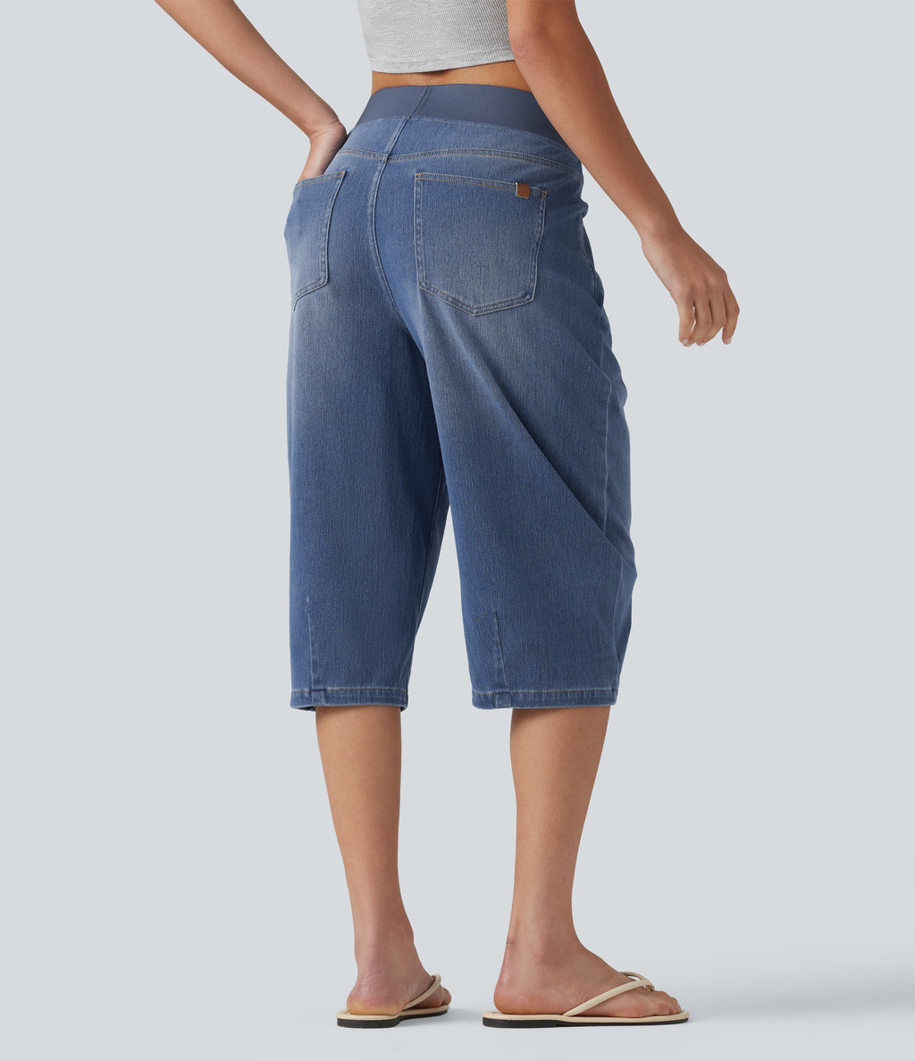 Low Rise Capri Casual Barrel Leg Jeans with Pockets — Estate Blue Denim — view 2