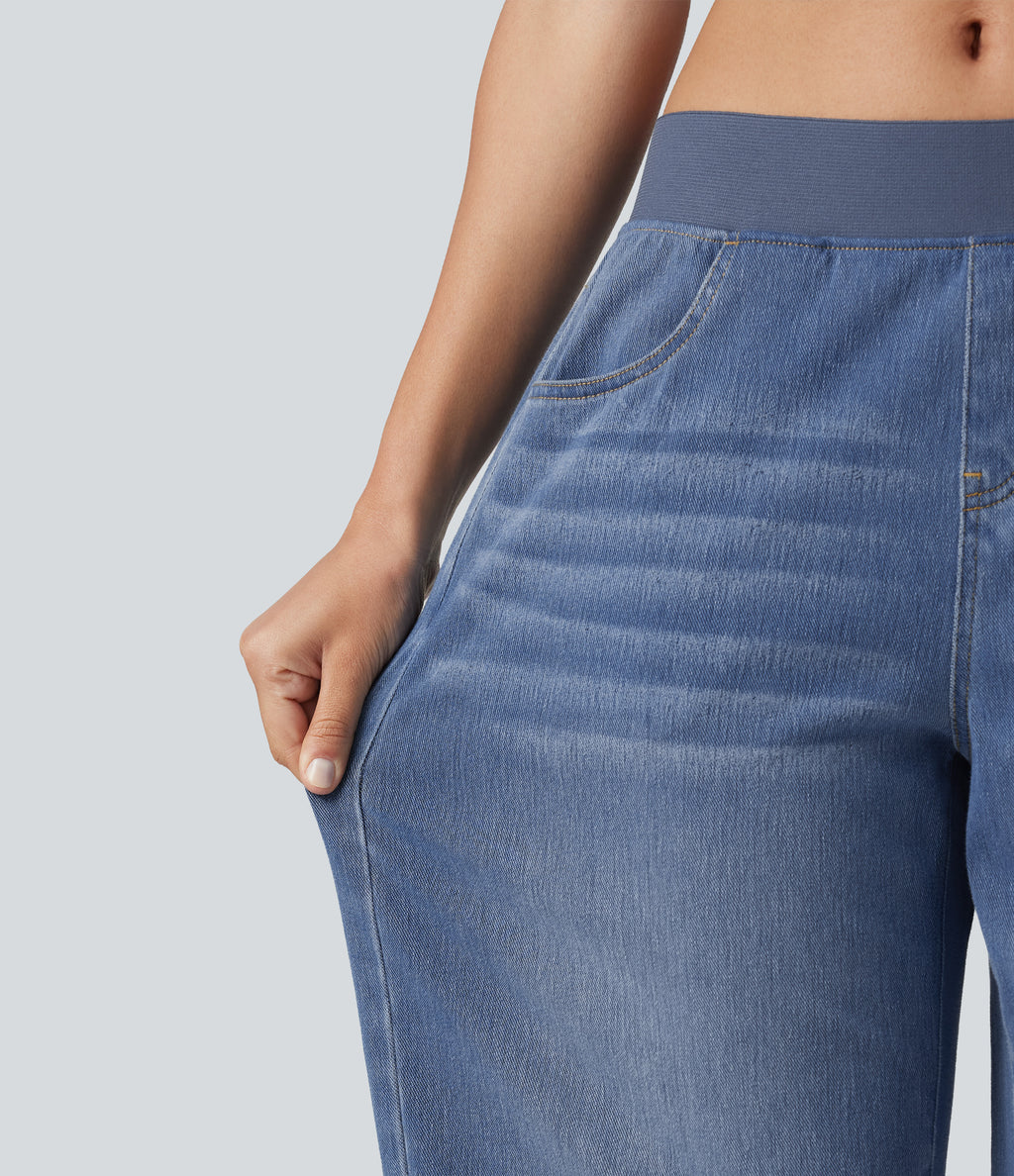 Low Rise Capri Casual Barrel Leg Jeans with Pockets — Estate Blue Denim — view 4