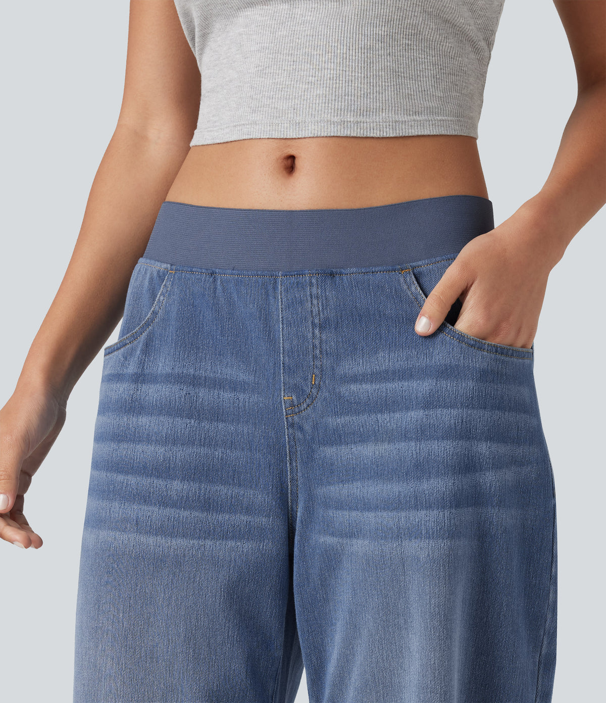 Low Rise Capri Casual Barrel Leg Jeans with Pockets — Estate Blue Denim — view 5