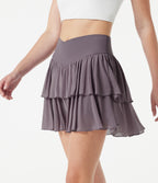 Crossover High-waisted 2-in-1 Tiered Mesh Mini Tennis Flowy Skirt with Pockets — Lilac Blush — view 3