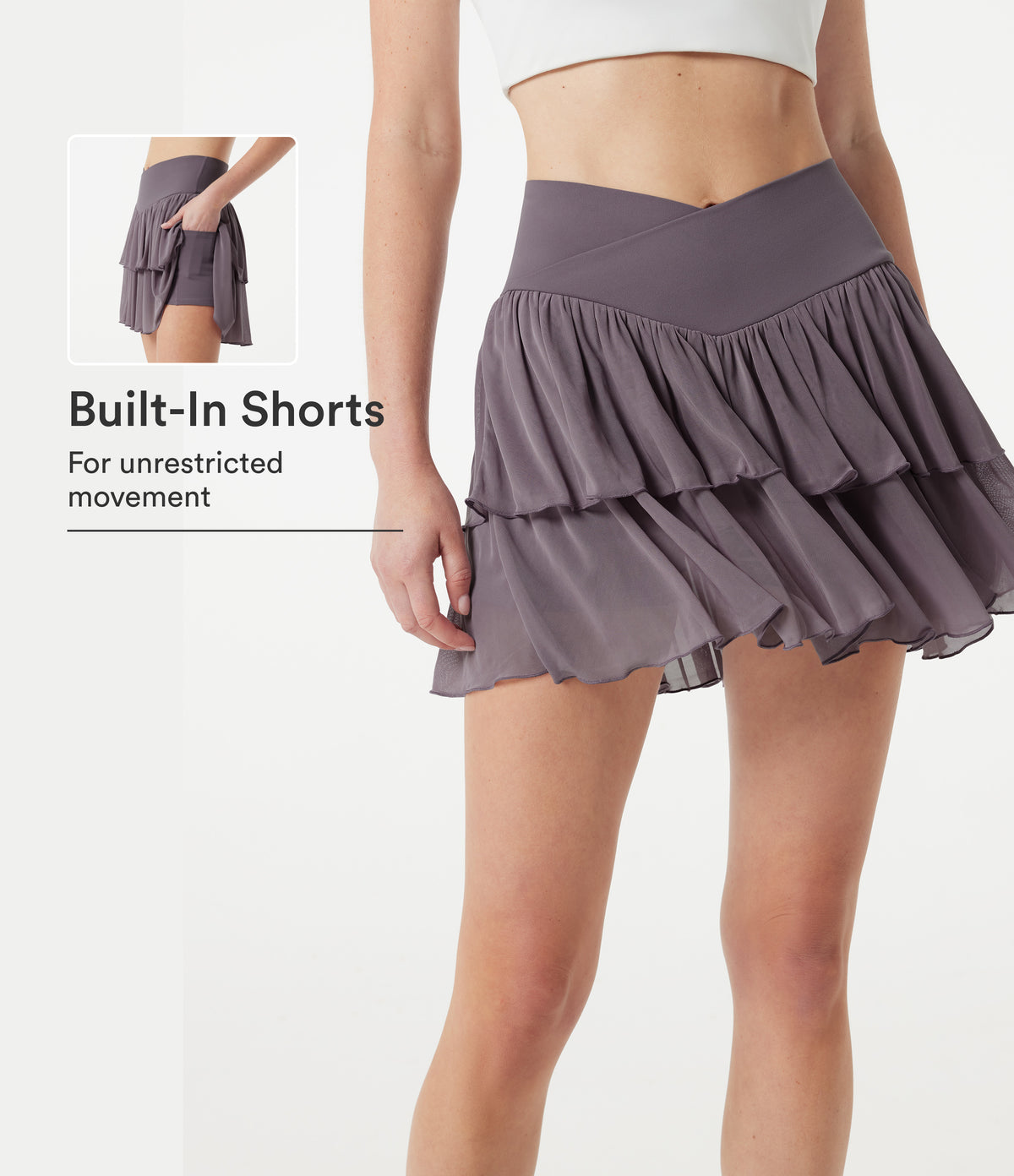 Crossover High-waisted 2-in-1 Tiered Mesh Mini Tennis Flowy Skirt with Pockets — Lilac Blush — view 1