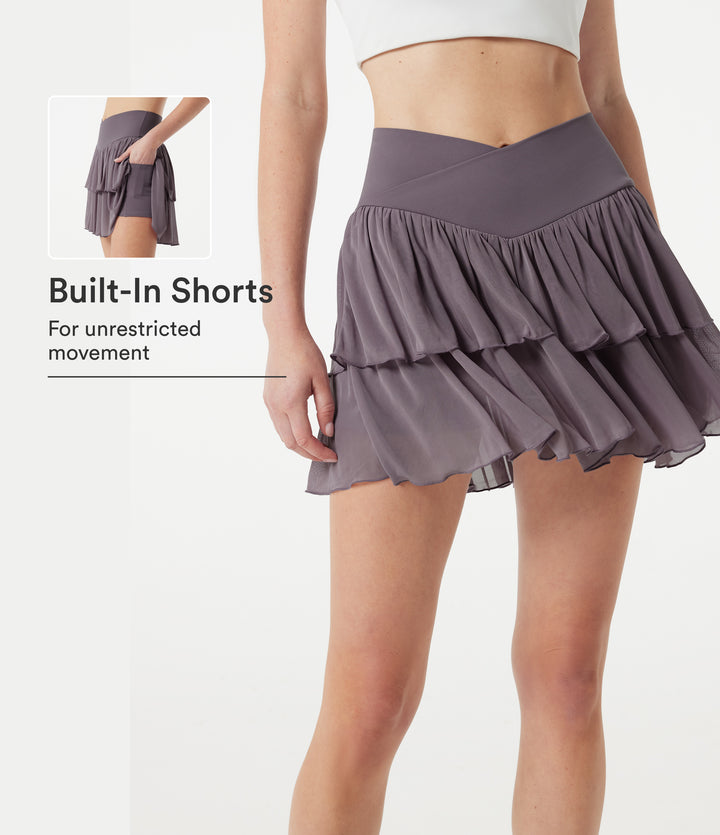 Crossover High-waisted 2-in-1 Tiered Mesh Mini Tennis Flowy Skirt with Pockets — Lilac Blush — view 1