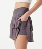 Crossover High-waisted 2-in-1 Tiered Mesh Mini Tennis Flowy Skirt with Pockets — Lilac Blush — view 4