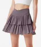 Crossover High-waisted 2-in-1 Tiered Mesh Mini Tennis Flowy Skirt with Pockets — Lilac Blush — view 6