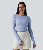 Long Sleeve Thumb Holes Crossover Wrap Tie Casual Top — Xenon Blue — view 7