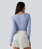 Long Sleeve Thumb Holes Crossover Wrap Tie Casual Top — Xenon Blue — view 6