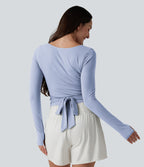 Long Sleeve Thumb Holes Crossover Wrap Tie Casual Top — Xenon Blue — view 2