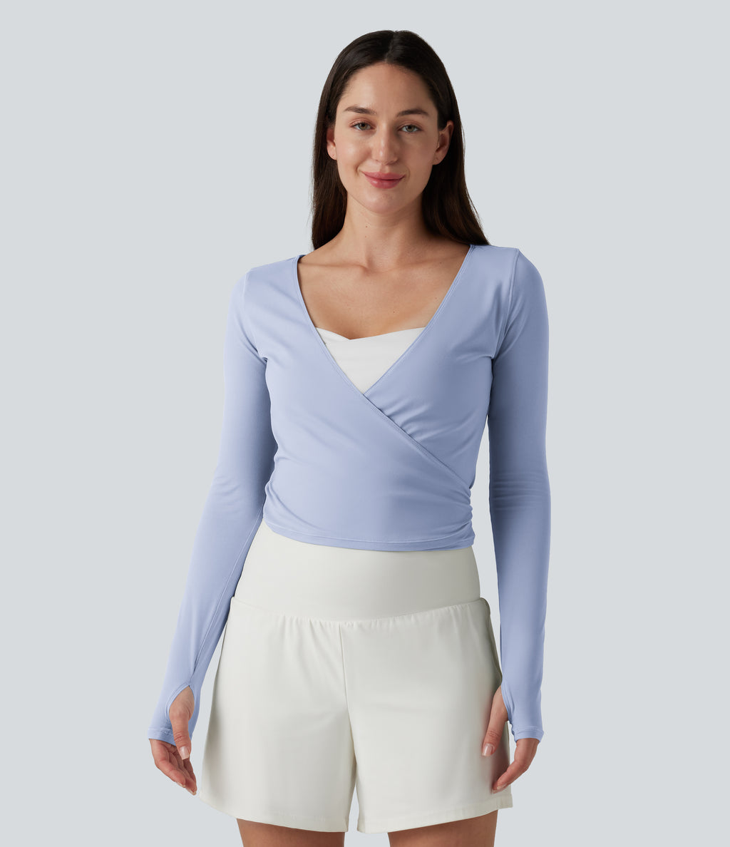 Long Sleeve Thumb Holes Crossover Wrap Tie Casual Top — Xenon Blue — view 3