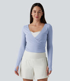 Long Sleeve Thumb Holes Crossover Wrap Tie Casual Top — Xenon Blue — view 3