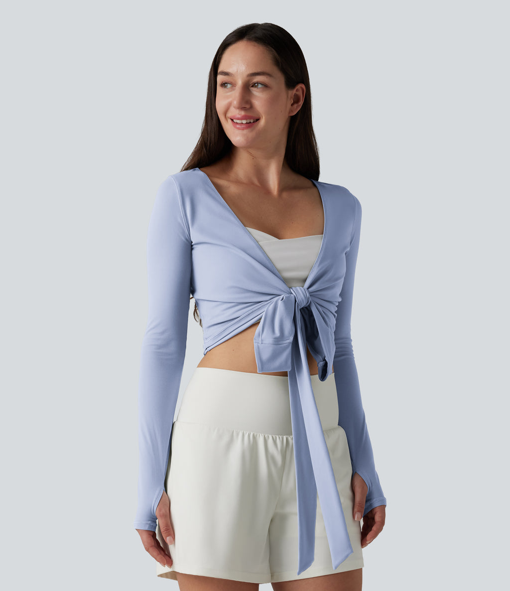 Long Sleeve Thumb Holes Crossover Wrap Tie Casual Top — Xenon Blue — view 8