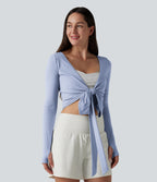 Long Sleeve Thumb Holes Crossover Wrap Tie Casual Top — Xenon Blue — view 8