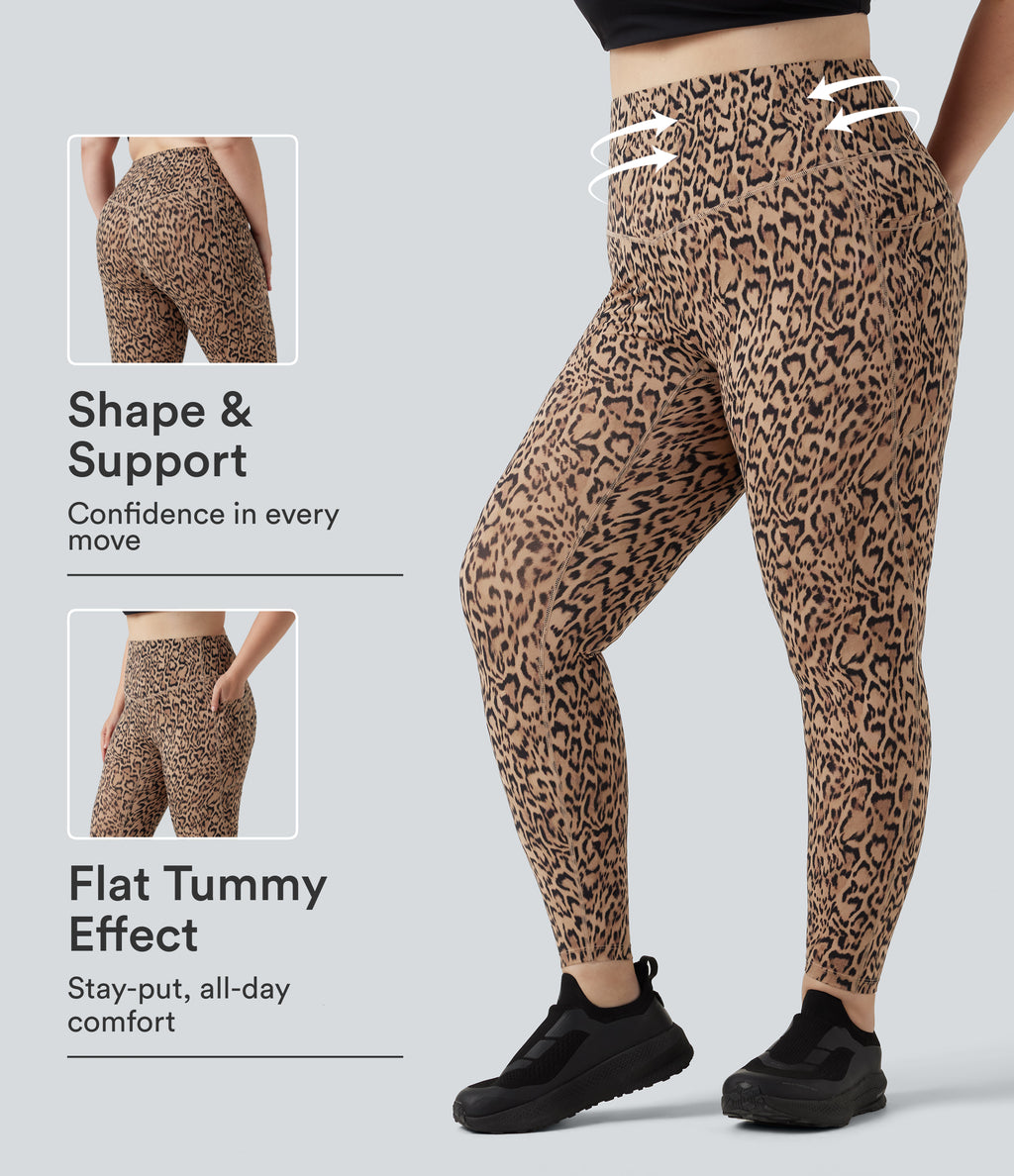 Plus Size Leopard Print High Waisted Tummy Control Yoga Leggings with Pockets — Tan Leopard — view 1