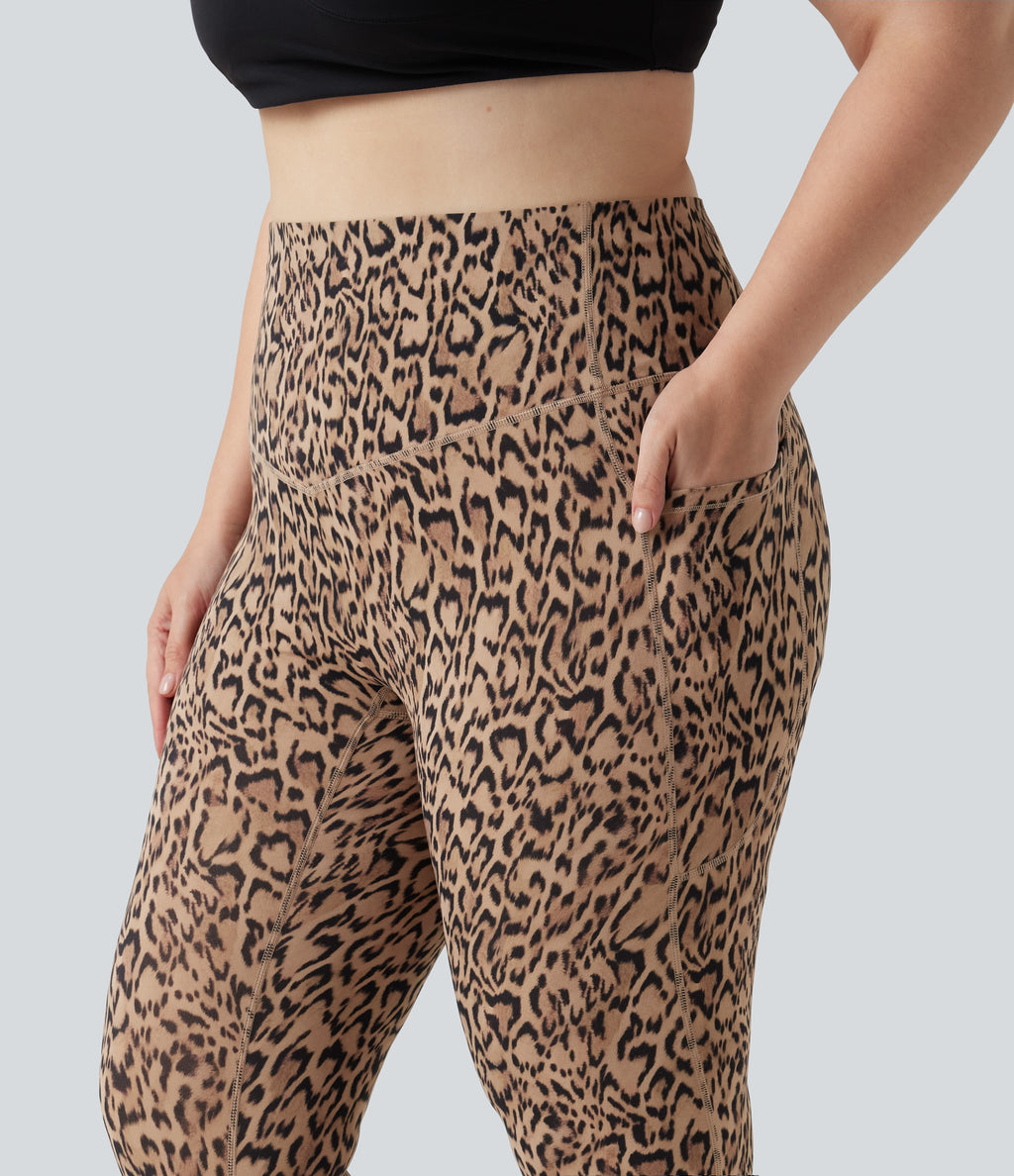 Plus Size Leopard Print High Waisted Tummy Control Yoga Leggings with Pockets — Tan Leopard — view 4