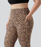 Plus Size Leopard Print High Waisted Tummy Control Yoga Leggings with Pockets — Tan Leopard — view 4