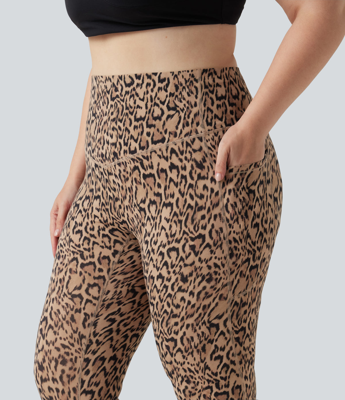 Plus Size Leopard Print High Waisted Tummy Control Yoga Leggings with Pockets — Tan Leopard — view 4