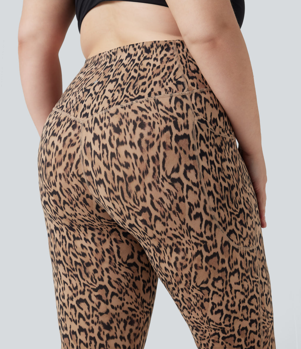 Plus Size Leopard Print High Waisted Tummy Control Yoga Leggings with Pockets — Tan Leopard — view 6