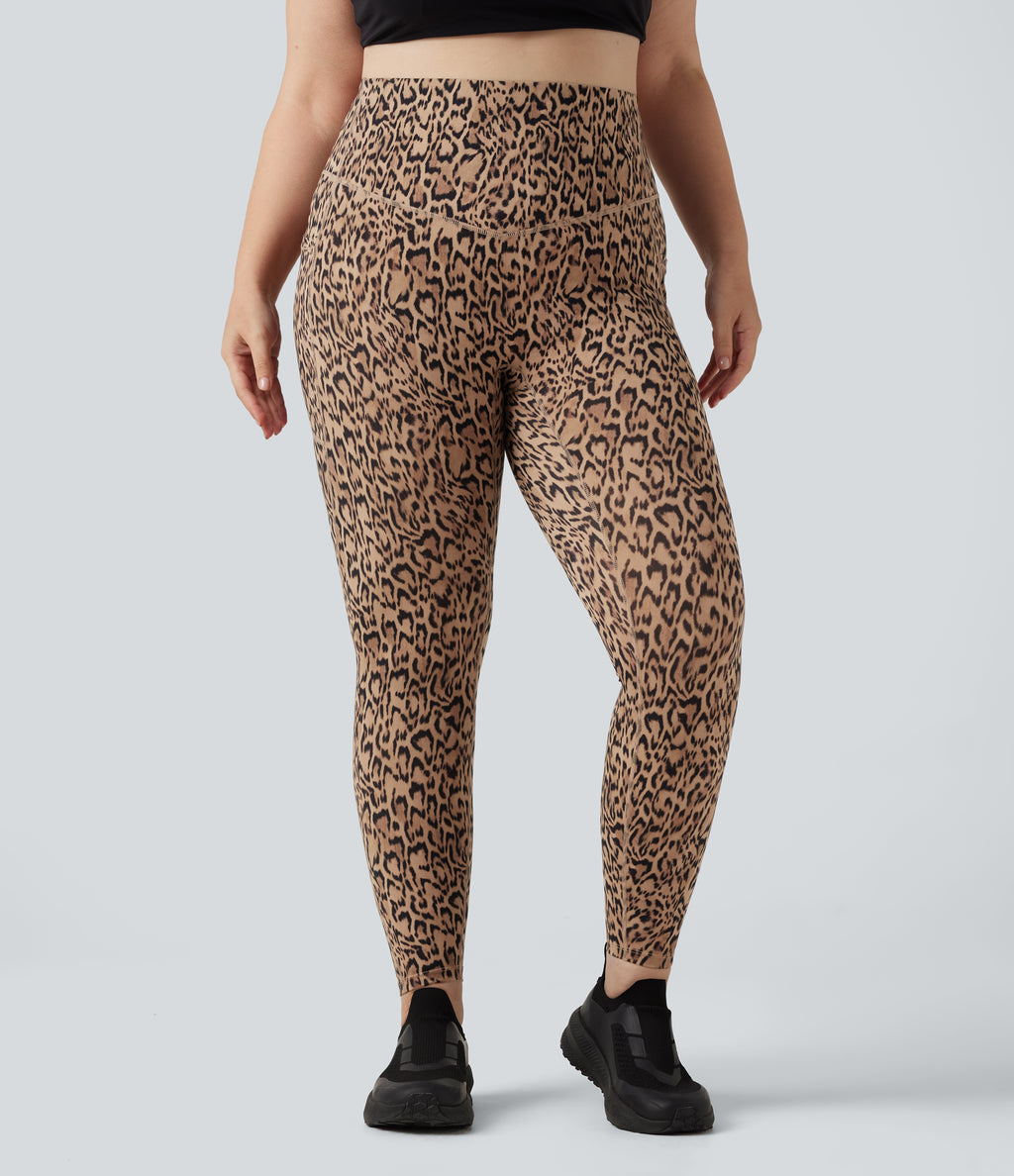 Plus Size Leopard Print High Waisted Tummy Control Yoga Leggings with Pockets — Tan Leopard — view 3