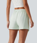 High Waisted Baggy Casual Linen-Blend Shorts with Pockets — Pale Aqua — view 2