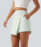 High Waisted Baggy Casual Linen-Blend Shorts with Pockets — Pale Aqua — view 3