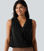 Wrinkle Recovery V Neck Contrast Lace Ruched Sleeveless Work Blouse — Black — view 7