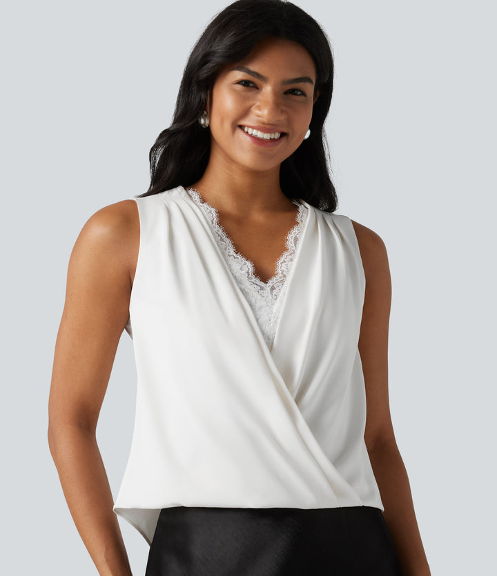 Wrinkle Recovery V Neck Contrast Lace Ruched Sleeveless Work Blouse — White — view 1