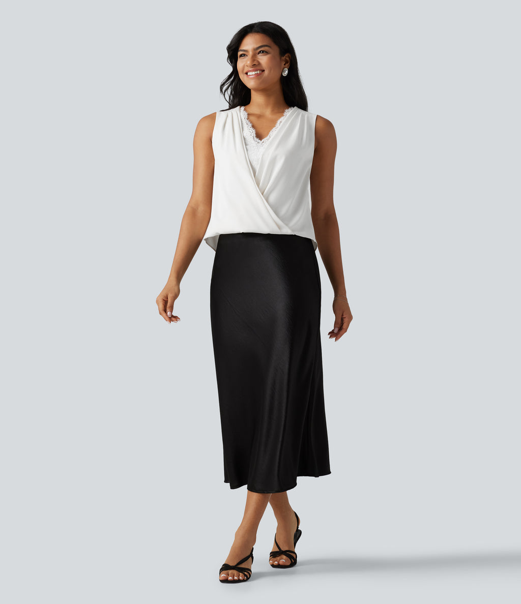 Wrinkle Recovery V Neck Contrast Lace Ruched Sleeveless Work Blouse — White — view 6