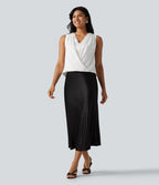Wrinkle Recovery V Neck Contrast Lace Ruched Sleeveless Work Blouse — White — view 6