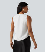 Wrinkle Recovery V Neck Contrast Lace Ruched Sleeveless Work Blouse — White — view 2