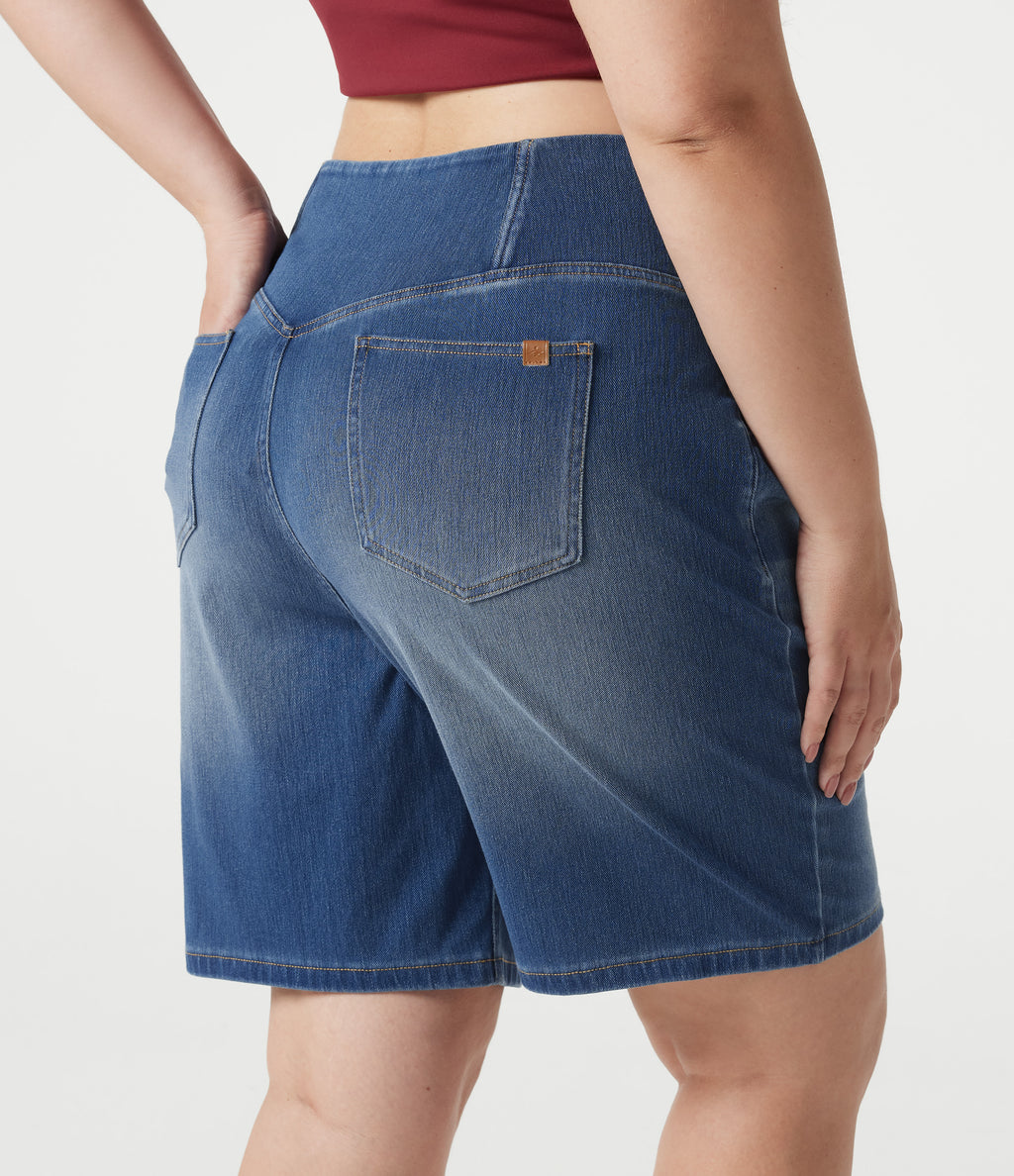 Denim Plus Size High Waisted Crossover Tummy Control Casual Baggy Shorts with Pockets — Tide Blue Denim — view 6