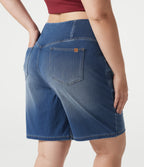 Denim Plus Size High Waisted Crossover Tummy Control Casual Baggy Shorts with Pockets — Tide Blue Denim — view 6