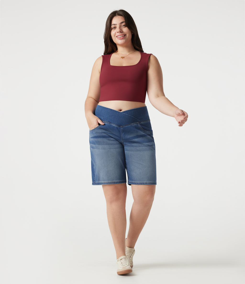 Denim Plus Size High Waisted Crossover Tummy Control Casual Baggy Shorts with Pockets — Tide Blue Denim — view 7