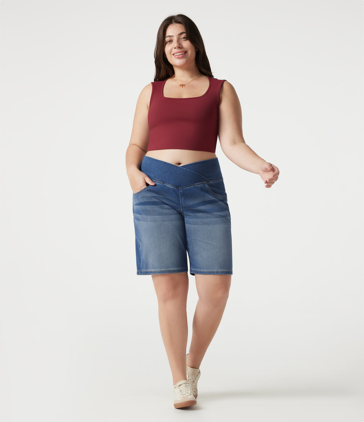 Denim Plus Size High Waisted Crossover Tummy Control Casual Baggy Shorts with Pockets — Tide Blue Denim — view 7