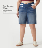 Denim Plus Size High Waisted Crossover Tummy Control Casual Baggy Shorts with Pockets — Tide Blue Denim — view 1