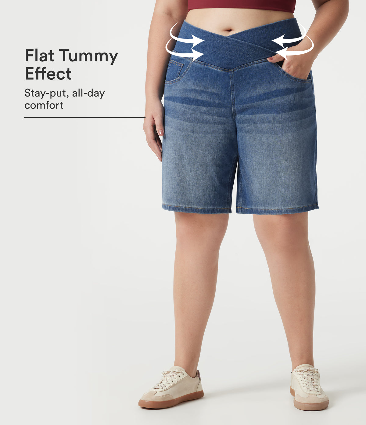 Denim Plus Size High Waisted Crossover Tummy Control Casual Baggy Shorts with Pockets — Tide Blue Denim — view 1