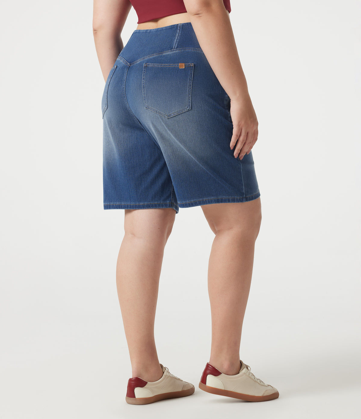 Denim Plus Size High Waisted Crossover Tummy Control Casual Baggy Shorts with Pockets — Tide Blue Denim — view 2