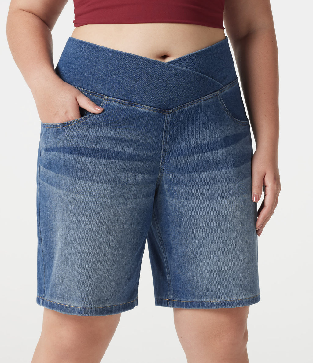 Denim Plus Size High Waisted Crossover Tummy Control Casual Baggy Shorts with Pockets — Tide Blue Denim — view 5