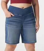 Denim Plus Size High Waisted Crossover Tummy Control Casual Baggy Shorts with Pockets — Tide Blue Denim — view 5